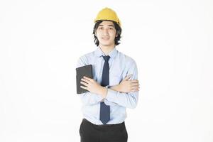 Portrait of Caucasian  handsome  engineering man is confident on white background photo