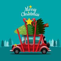 feliz navidad vector ilustración camioneta retro estilo vintage con árbol de navidad.