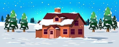 The scene rustic of a house in a pine grove is snowing. Snow fall in a scenery. vector