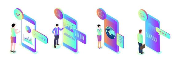 Woman and man characters checking online process on mobile vector