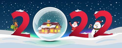 Happy New Year 2022 with a snowy house inside the crystal ball. vector