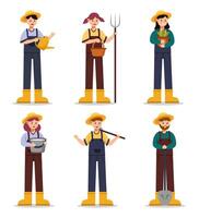 Cartoon farmer characters Agricultural work and harvest local products. vector