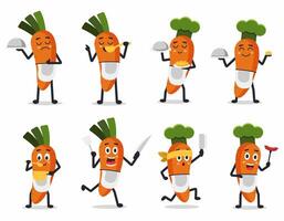 Set of carrot with various activity of chef with tools vector