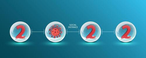 Happy New Year 2022 with a coronavirus inside the crystal ball. vector