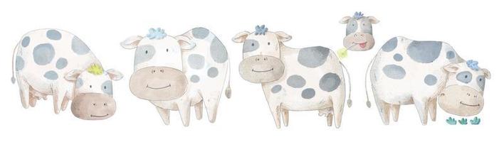 watercolor set of lovely cow in difference action vector