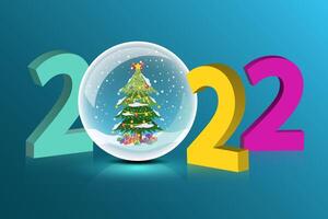 feliz año nuevo 2022 con un árbol de navidad cubierto de nieve dentro de la bola de cristal. vector