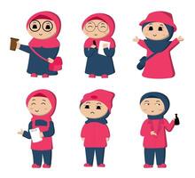 Vector cartoon character design Young muslim woman wearing hijab in various pose for graphic designer use