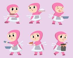 Vector cartoon character design Young muslim woman wearing hijab in various pose for graphic designer use