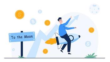 To the moon concept of cryptocurrency growth. Man ride the rocket coin to the moon. vector