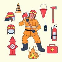 bomberos y equipo de trabajo como trajes contra incendios, cascos contra incendios, conos de tráfico, hachas, tanques de agua, radios, extintores, hidrantes, llamas, botiquines de primeros auxilios,