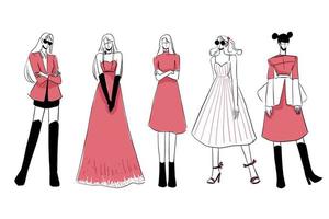 Set of Sketches of beautiful and diverse female fashion outfits.