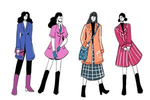 Set of Sketches of beautiful and diverse female fashion outfits. vector