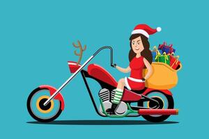 santy claus conduce una motocicleta para entregar regalos de navidad a niños de todo el mundo. vector