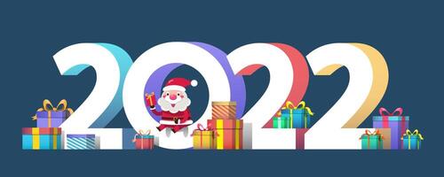 feliz año nuevo 2022 con un santa claus presente una caja de regalo para personas en el mundo. vector