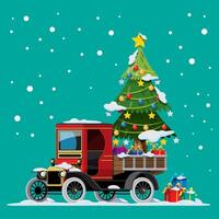 Merry Christmas Vector illustration Retro pickup truck Vintage style with christmas tree.