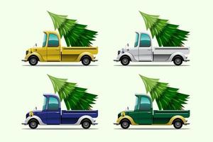 Merry Christmas Vector illustration Retro pickup truck Vintage style with christmas tree.