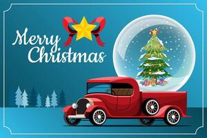 Merry Christmas Vector illustration Retro pickup truck Vintage style with christmas tree.