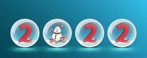 feliz año nuevo 2022 con un muñeco de nieve con caja de regalo dentro de la bola de cristal. vector