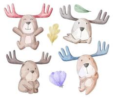 watercolor set of cute dear in difference action vector