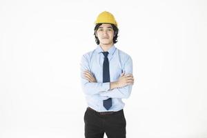 Portrait of Caucasian  handsome  engineering man is confident on white background