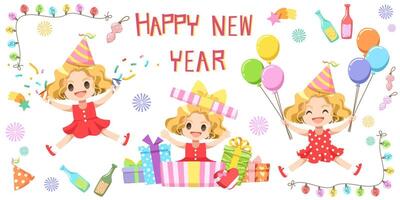 feliz año nuevo fiesta familiar chicas disfrutan de las celebraciones de año nuevo vector