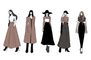 Set of Sketches of beautiful and diverse female fashion outfits. vector