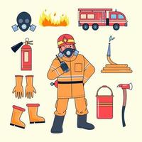 Fireman and work equipment such as fire suit, gas, mask, fire, water tank, fire truck, fire extinguisher, fire hose, nozzle, axe, gloves, boots, water, radio vector