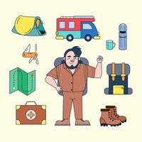 Tourist character with travel equipment such as map, tent, backpack, sleeping bag, boot, knive, car, camper van, thermos flask, glass, first aid kit, vector