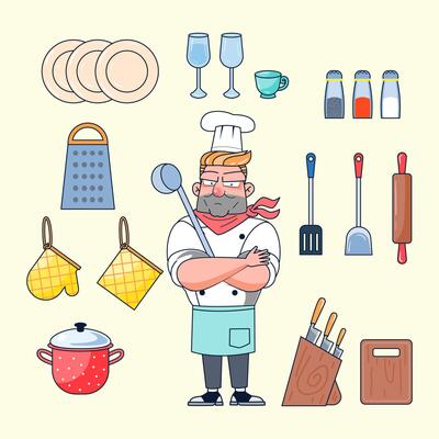 Kitchen and Cooking banner web icon. oven glove, french press, chopping  board, grater, olive oil, corkscrew, rolling pin, salt shaker vector  illustration concept. 8687378 Vector Art at Vecteezy