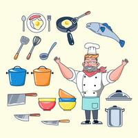 Master chef cook with his kitchen tools such as corks, pots, trays, bowls, knives, ladles, turners, spoons, forks, plates, pans, sausages, fried eggs, fish. vector