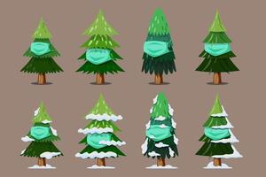Vector christmas tree isolated with face mask and snow on the leaves on brown Background.