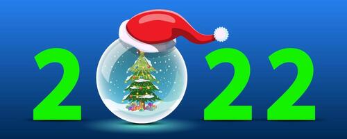 Happy New Year 2022 with a snowy Christmas tree inside the crystal ball. vector