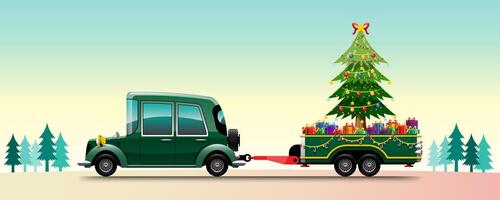 Merry Christmas Vector illustration Retro pickup truck Vintage style with christmas tree.