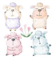 watercolor set of lovely sheep in difference action vector