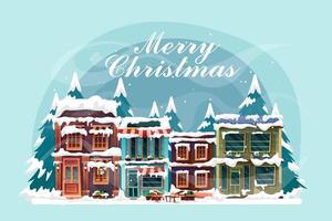 Beautiful house on winter time falling snow on christmas vector