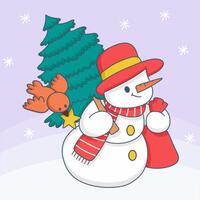 Snowman carrying  pine tree and carrying red bag. vector