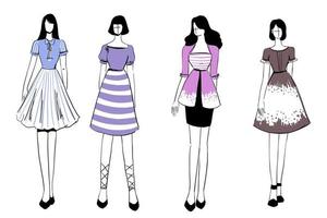 Set of Sketches of beautiful and diverse female fashion outfits.