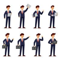 Cartoon vector illustration Businessman characters in various poses and laptop or briefcase