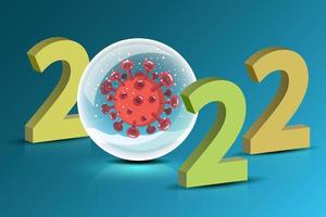Happy New Year 2022 with a coronavirus inside the crystal ball.