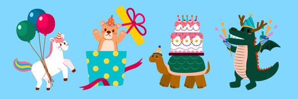 conjunto de juguetes de animales en la fiesta de cumpleaños vector