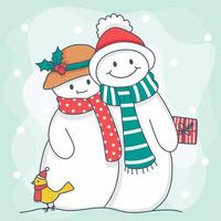 snowman family with present box on merry christmas vector