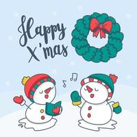 Merry christmas card with lovely snowman with lettering vector