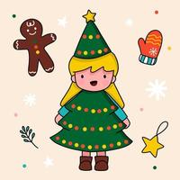 Lovely girl in christmas tree costume with christmas items vector
