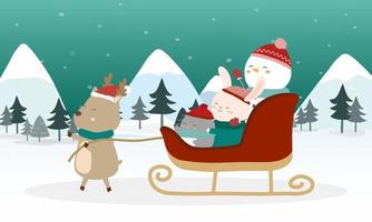 Snowman, rabbit, penguin with Reindeer Sleigh in winter scene design element for invitation card, New Year, Christmas. vector
