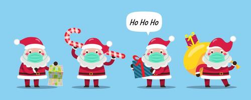 Santa Claus with face mask in different activity design element for invitation vector