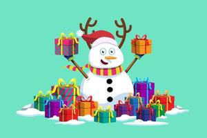 paisaje navideño con personaje de muñeco de nieve y caja de regalo. vector
