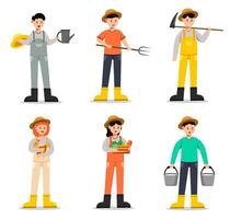 Cartoon farmer characters Agricultural work and harvest local products. vector