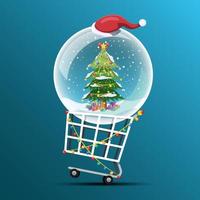 árbol de navidad y cajas de regalo en la nieve en bolas de cristal con sombrero de santa en carrito de compras.