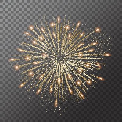 Firework explosion in night. Firecracker rocket bursting in big sparkling star balls.