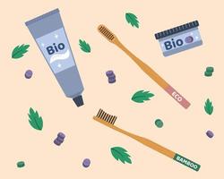 Organic tablets, toothpaste for brushing teeth and bio bamboo toothbrushes. Zero waste, low waste. Ecological personal care products. Cartoon flat vector illustration